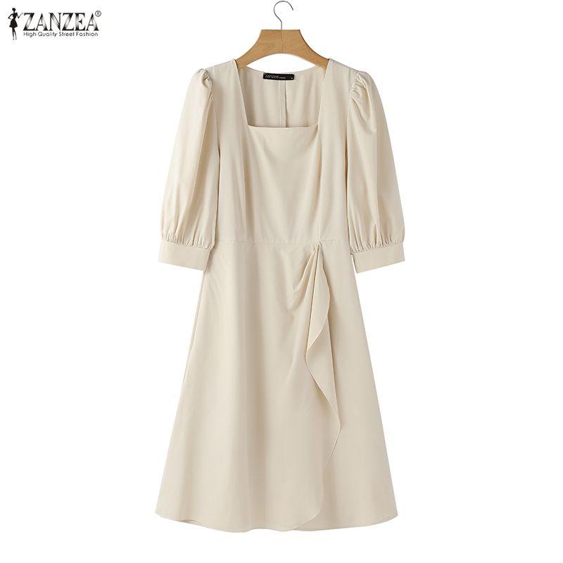 ZANZEA שמלת קיץ קז'ואלית לנשים עם צווארון מרובע ושרוולים קצרים