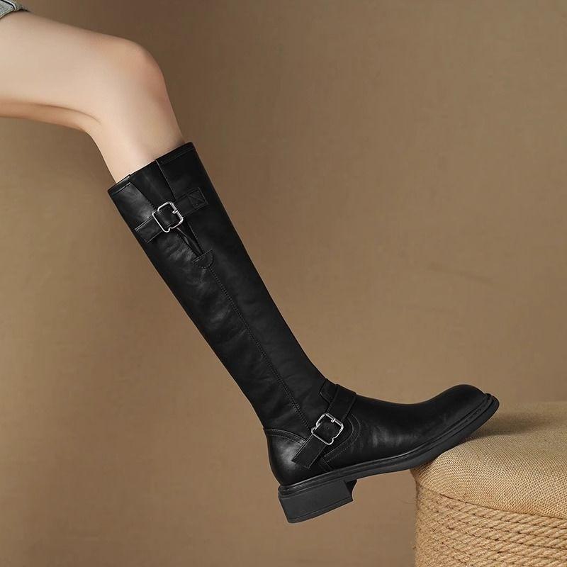 Fashion Belt Buckle Ladies Knee High Shaft Shoes Autumn Winter Middle Heel Women's Long Boots Goth Work New In Pu Fashion 2025 Boot Sale