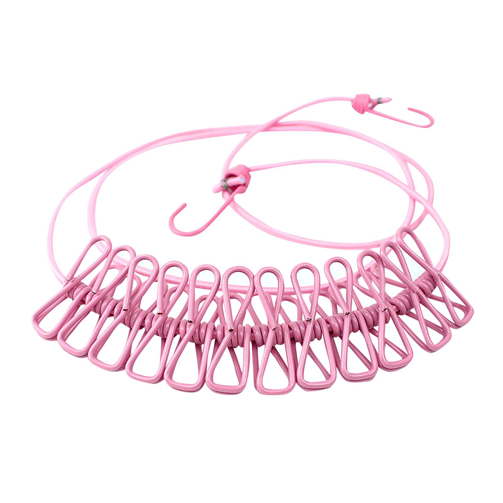 

Портативная веревка для белья с 12 прищепками, ветрозащитная дорожная веревка для белья, эластичная выдвижная эластичная веревка для белья One Size розовый