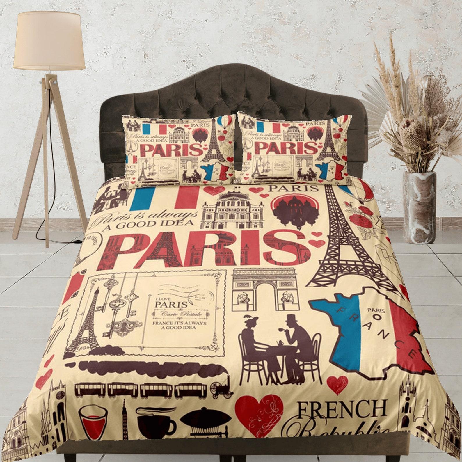Paris Themed Bedding Set, Beige and Red Duvet Cover Set, French Inspired Quilt Cover, Paris Aesthetic Bedroom Set, Eiffel Tower Bedspread 135x200cm