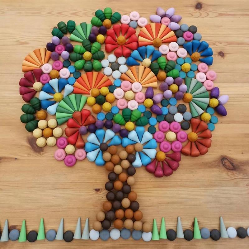 Kids Wooden Constructor Unfinished Rainbow Blocks Loose Parts Montessori Sensory Toys Droplets Cones Mushrooms Creative Blocks