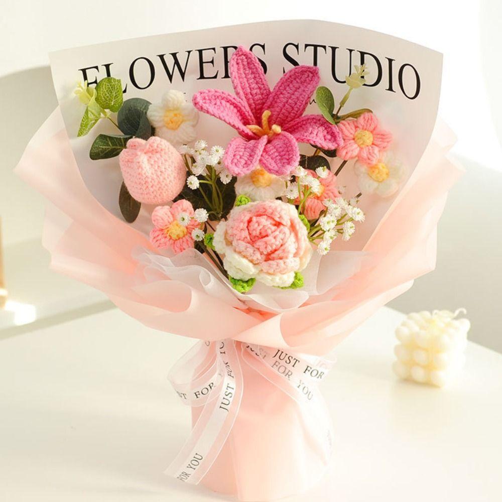 New Cotton Crochet Bouquet Sunflower Rose Woven Knitted Flower DIY Handmade Artificial Handmade Woven Bouquet Graduation Gifts