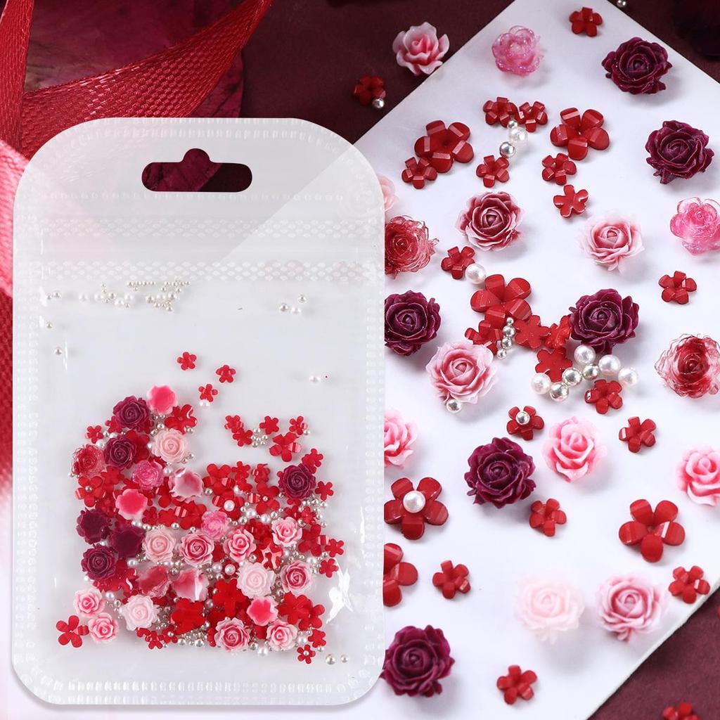 Valentine's Day Mixed Color Center Small Rose Nail Decoration Accessories, Red Acrylic Small Flower Silver Beads for Making Charming Nail Products