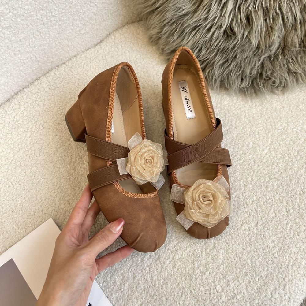 High Heeled Shoes for Women's 2025 Spring New French Cross Strap Ballet Pumps Retro Camellia Flower Mary Jane Shoes for Women