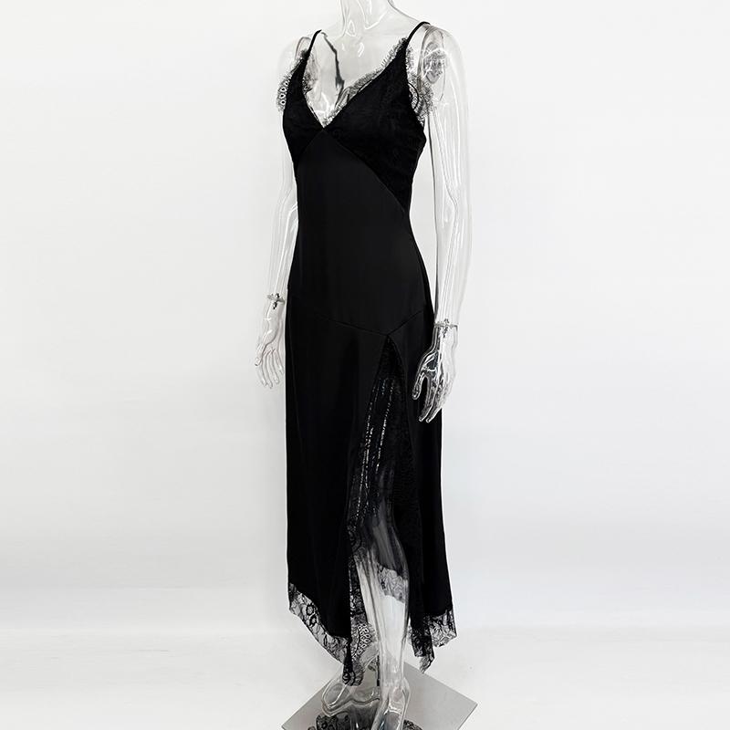 Lace Splice Slit Dress For Women Sleeveless Maxi Spaghetti Strap Sexy Dresses Satin Vacation Party Bodyocn Dress Vestidos