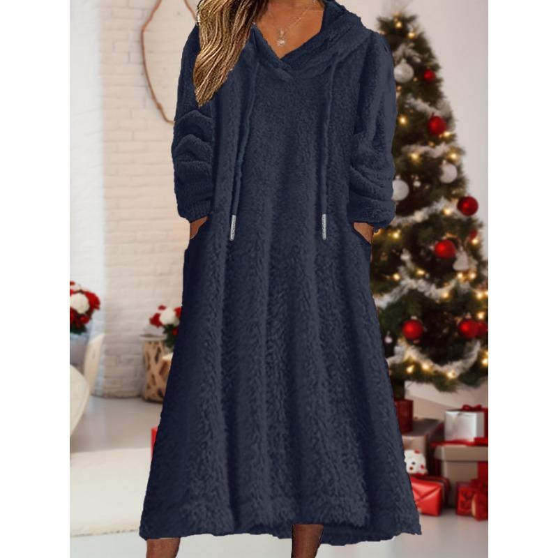 DAFIFY Women's Fashion Fall Winter Solid Color Print Long Sleeve Hooded Loose Waistline Casual Dresses