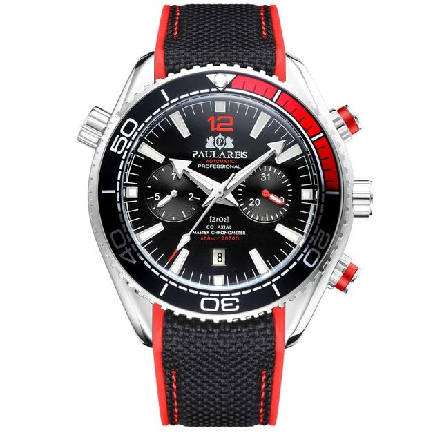 PAULAREIS Masculino Automático Auto Vento Mecânico Pulseira de Borracha de Lona Laranja Azul Vermelho Multifuncional Data Mês Relógio