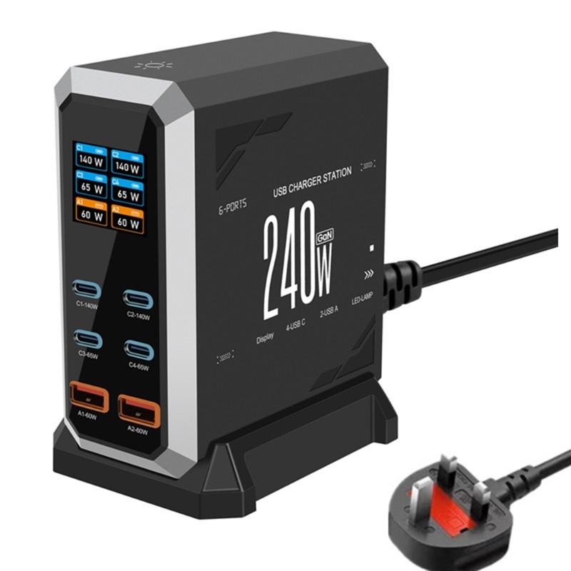 240W Charging Adapter 6 In 1 140W USB Type C Digital Display Fast Charging Station for Mobile Phone Laptop Electronics
