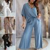 2 Teile/satz Damen Top Hosen Set Hohe Taille Einfarbig Weites Bein Faltenhose V-Ausschnitt Fledermausärmel Lockeres T-Shirt Lässiges Pendeloutfit Bluse Hosen Set
