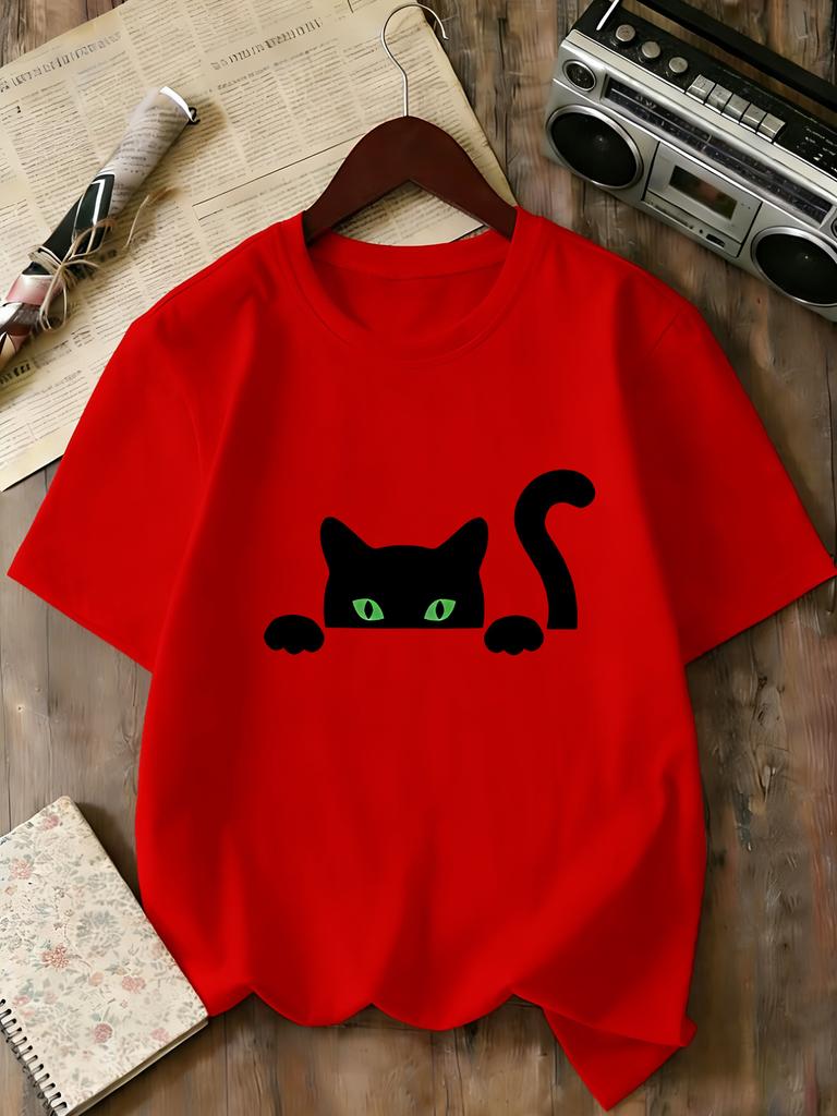 Peeking Black Cat Kids Tee Cute Animal Graphic Print Boys Girls Family Matching Cotton Summer Short Sleeve Basic Children Tshirt