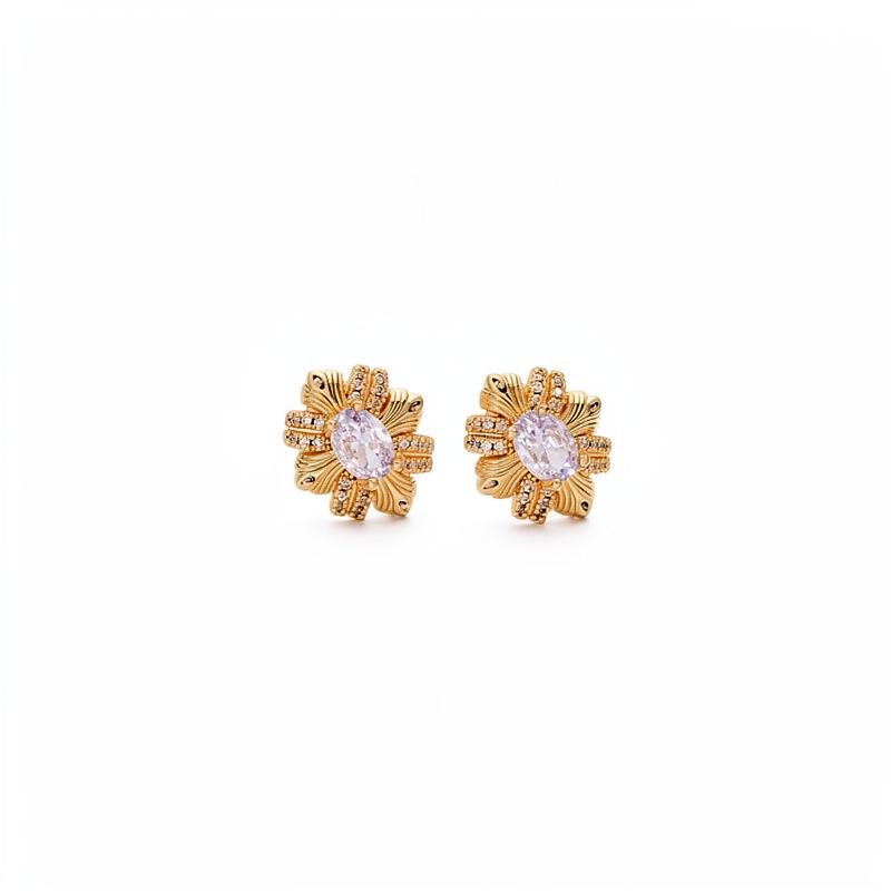 18K Gold-Plated Silver Zircon Oval Stud Earrings - European & American Luxury Vintage Style