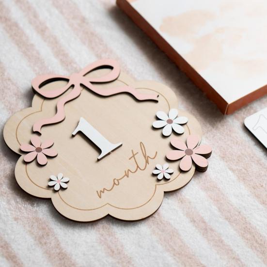 Baby Monthly Milestone Ornaments, Wooden Growth Markers with 3D Bow And Flower Decoration, Baby Monthly Milestone Cards for Baby Photos Keepsake