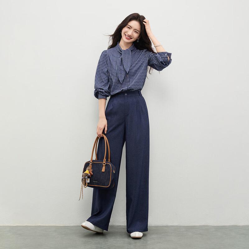 Women's Retro Plaid Tie-Neck Long-Sleeve Blouse