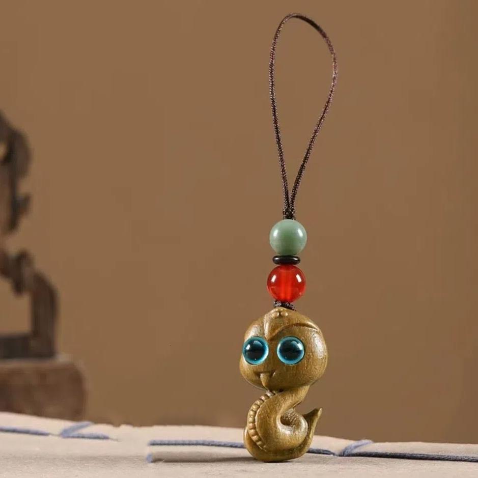 Mini Zodiac Snake Keychain Waterproof Green Sandalwood Phone Chain Ornament  Women