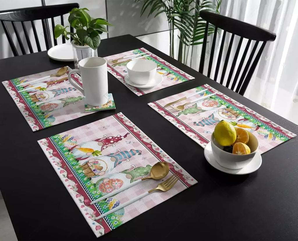 Happy Easter Placemats Set of 4 Bunny Tulip Pink Floral Heat Resistant Washable Farmhouse Place Mats for Dining Table Kitchen