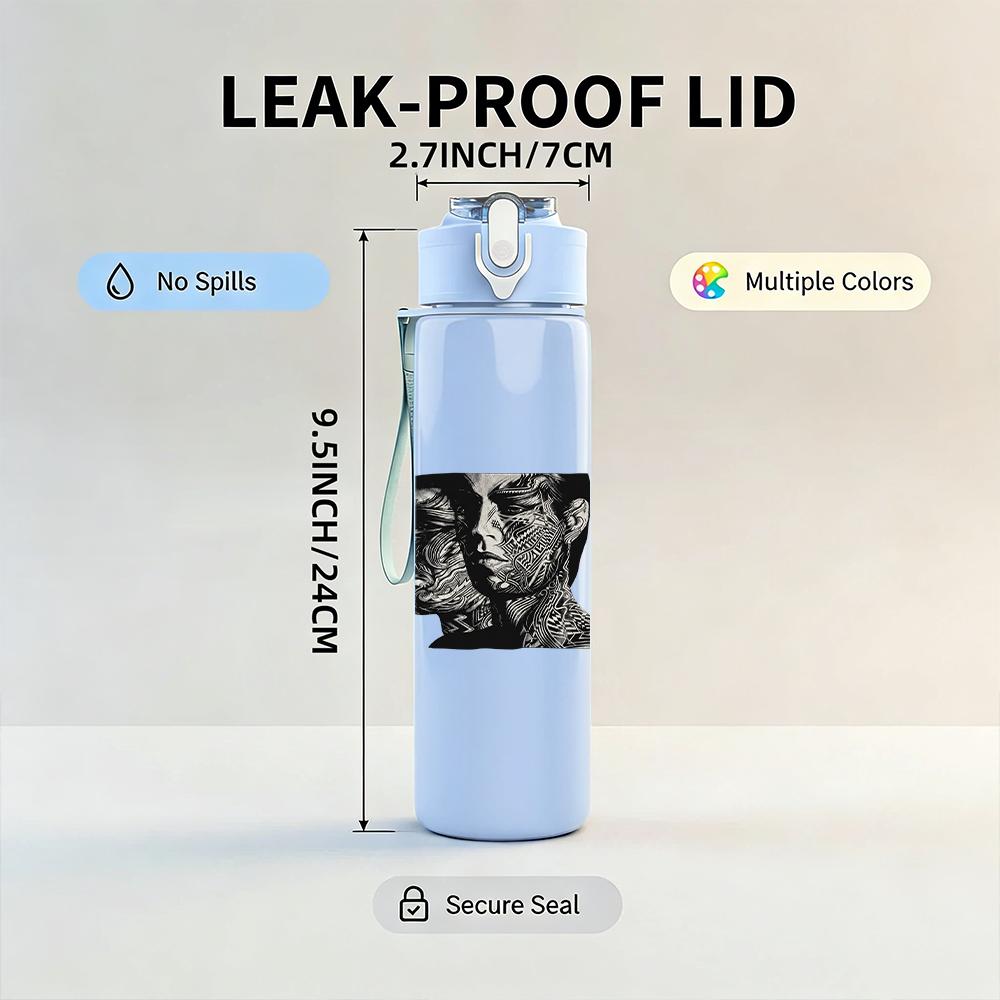 1PC Two Male Faces Minimalist Black White Print 750ml Portable Sports Water Bottle Leakproof Gym Outdoor Travel Drink Cup