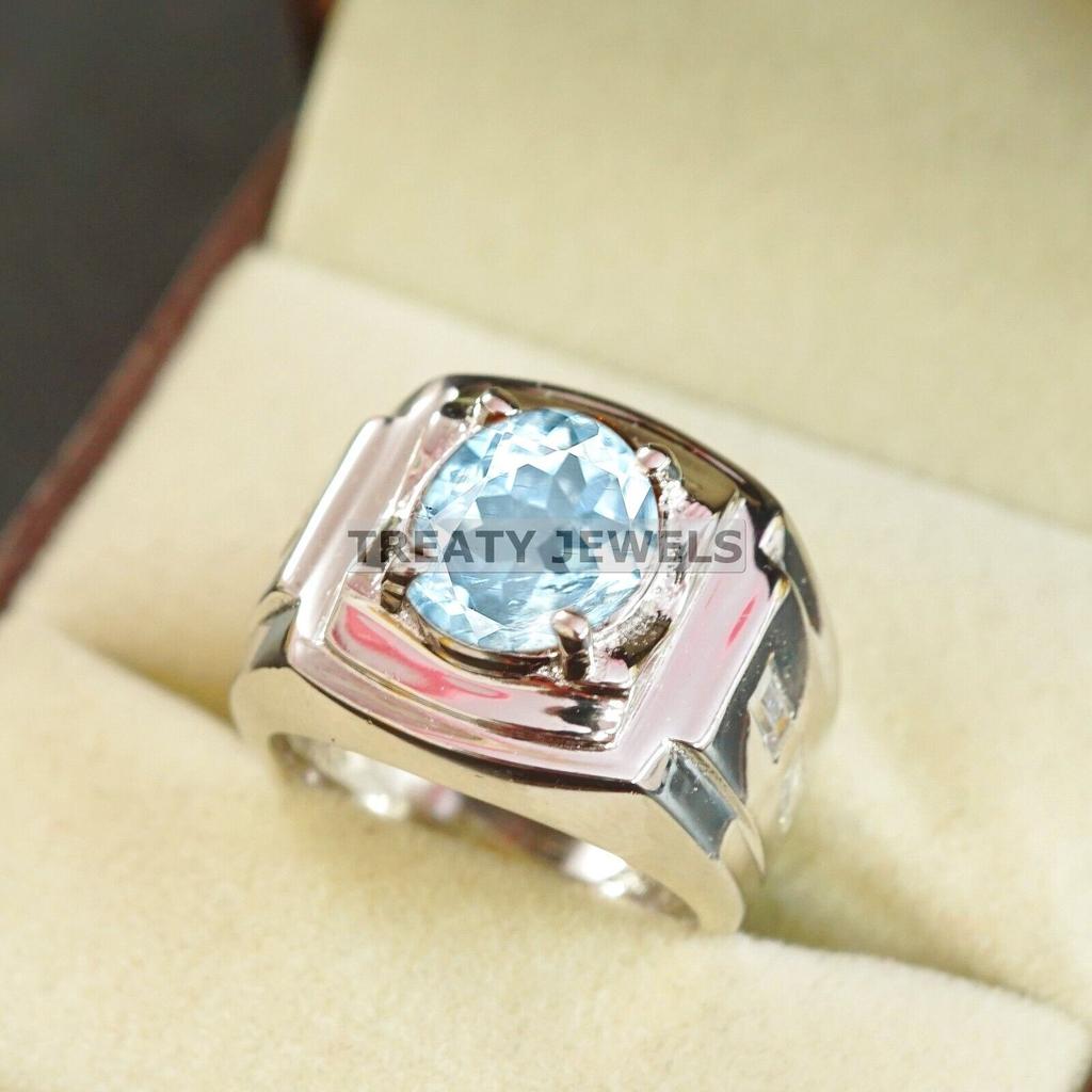 Aquamarine Oval Cut Gemstone With 925 Sterling Silver Ring For Men's #A738 JL375659044904