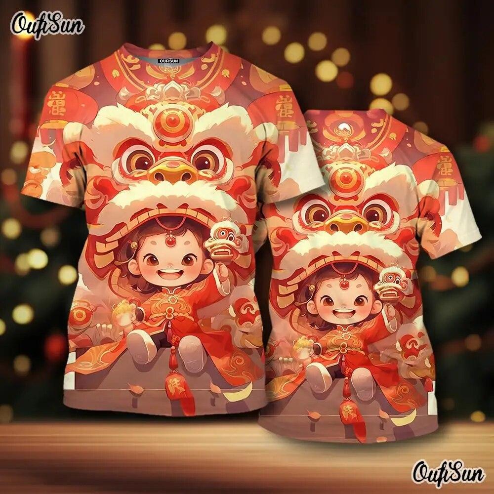 2024 Neujahr Herren T-Shirt Drache 3D-Druck Tiermuster Herren T-Shirt Chinesisches Jahr des Drachen Kurzarm rote Tops