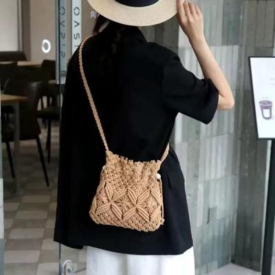 Kleine Eimer-Handtasche im frischen Stil, durchbrochen, mit Kordelzug, Umhängetasche, gewebte Strandtasche, für den Freizeitgebrauch
