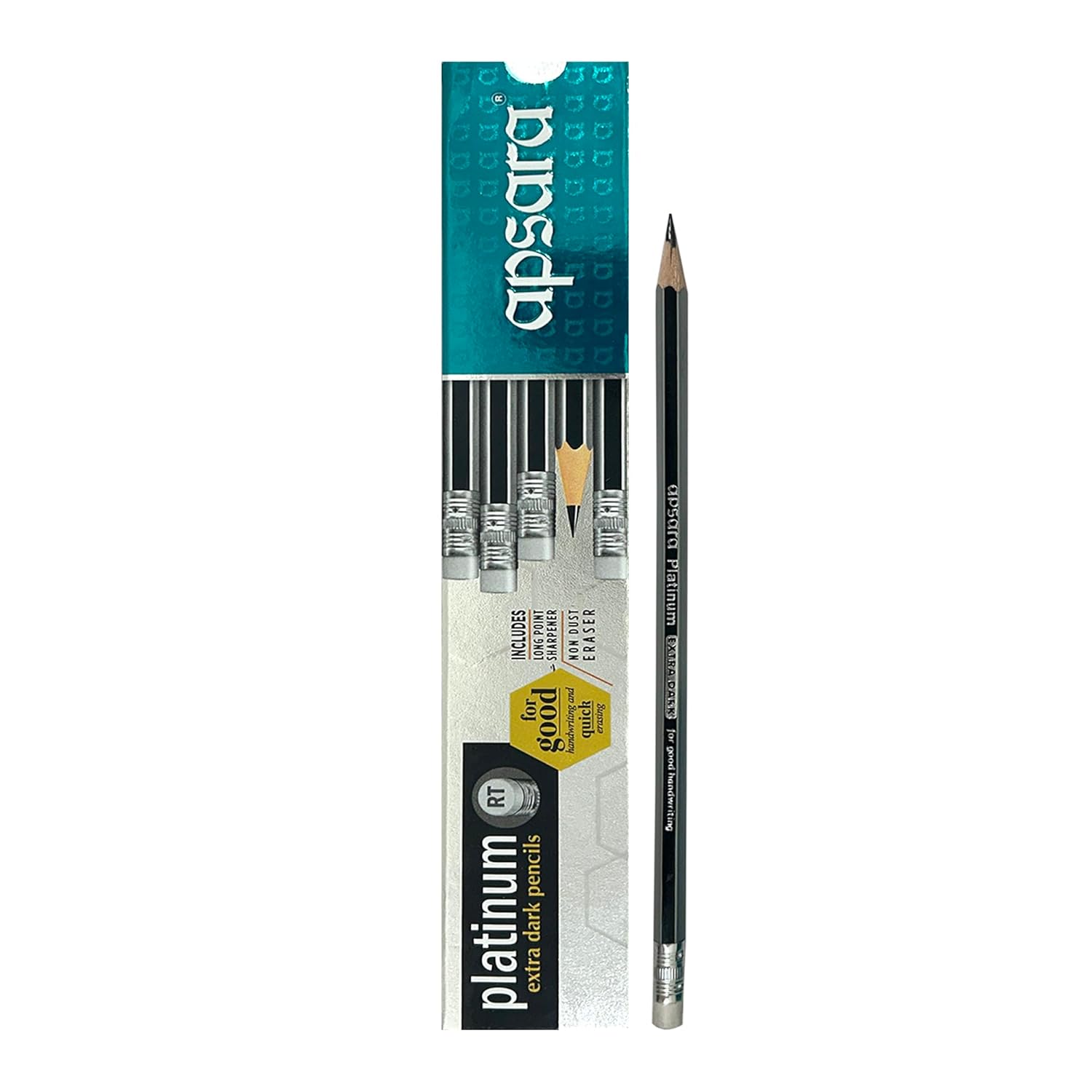 

Apsara Platinum Extra Dark Hexagonal Rubber Tip Pencils for Writing Sketching School Art Pack of10 with Sharpener Eraser