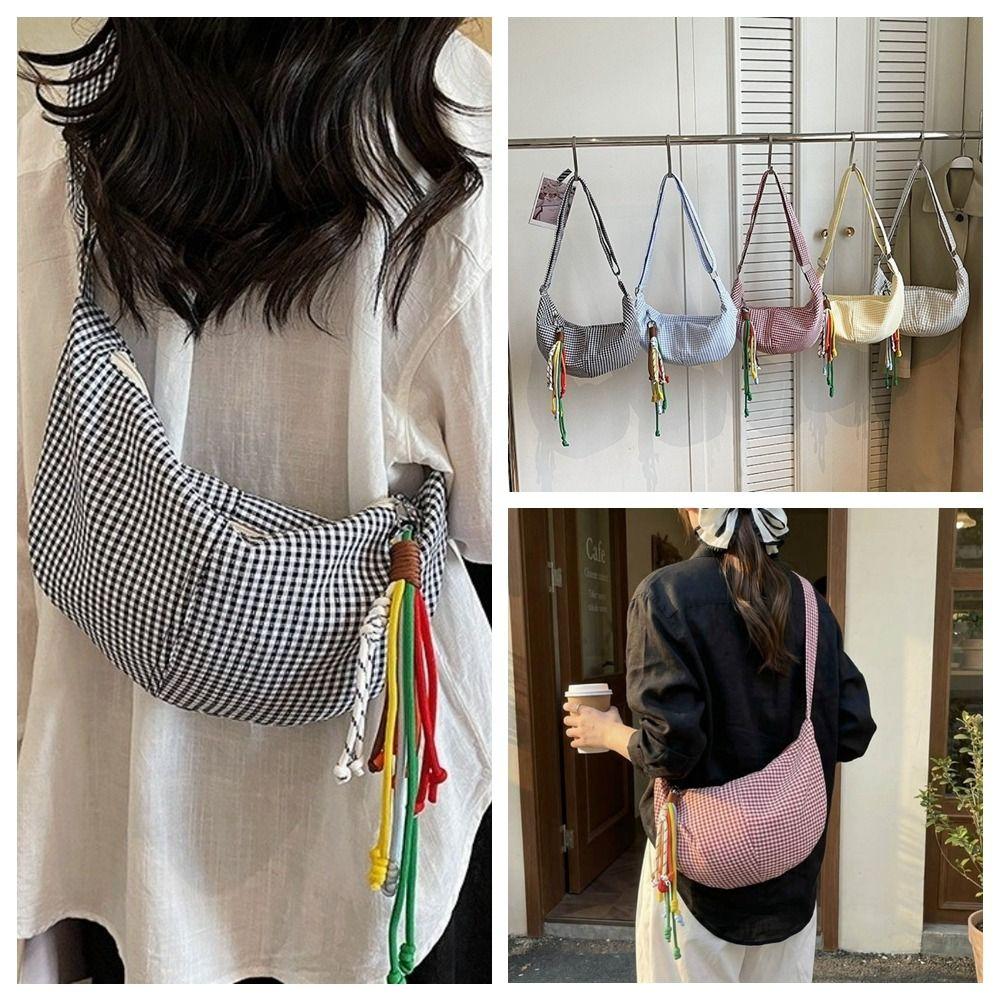 Large Capacity Dumpling Bag Zipper Crossbody Bag Simple Plaid Shoulder Bag  Daily