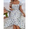 Square Collar High Waist Printed Summer Women's Dress, Comfortable and Elegant Women's Long Skirt