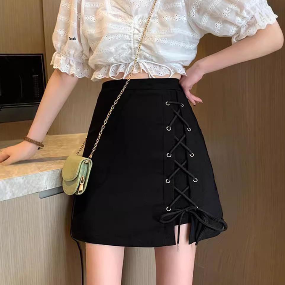 

2023 Black Bodycon Midi Skirt: Women s Tie High Waist Slimming A-line Design for Spring & Autumn M with Lining чёрный