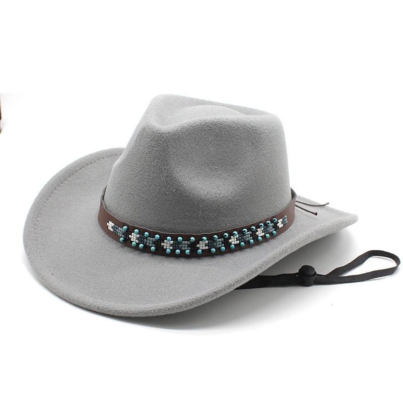 Tibetan Style Western Cowboy Hat Large Brim Wool Felt Hat 10 Colors Windproof Rope