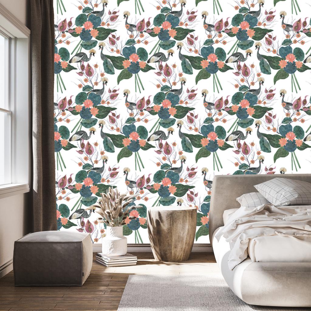 Cranes Among Flowers Wallpaper for Living Room and Bedroom 50x1000