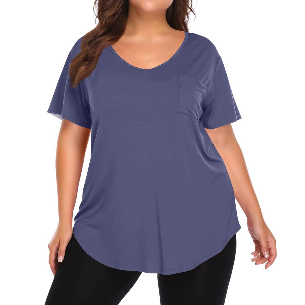 Women's Solid Color Large Size V-neck Top Loose Pocket T-shirt