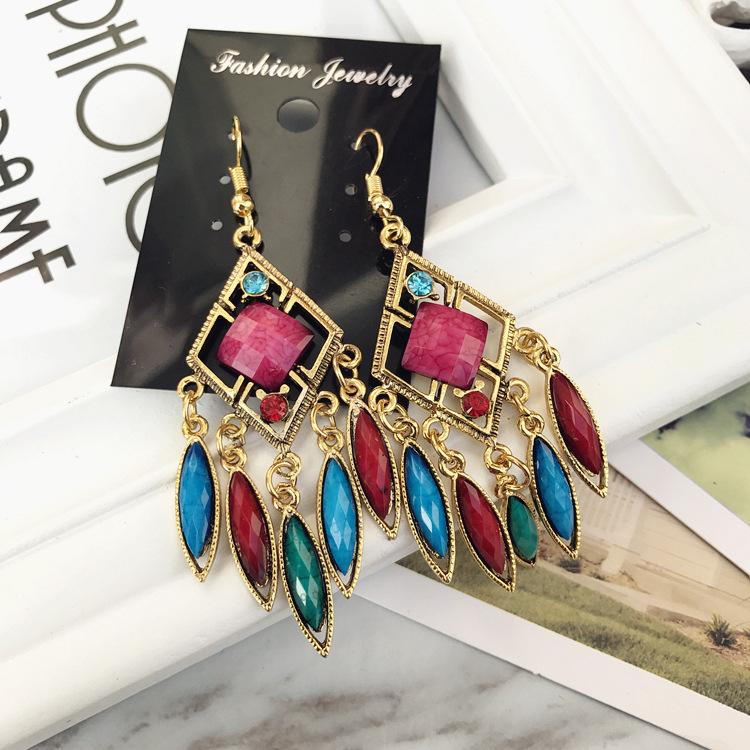 Vintage court gem set earrings long temperament bohemian earrings niche earrings women