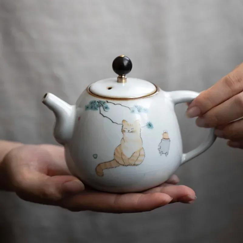 280ml Tetera de Cerámica Tradicional Kiln Ru Hecha a Mano Tetera con Dibujo de Gato Lindo Tetera Portátil de Viaje Tetera con Filtro Juego de Té para el Hogar Vajilla