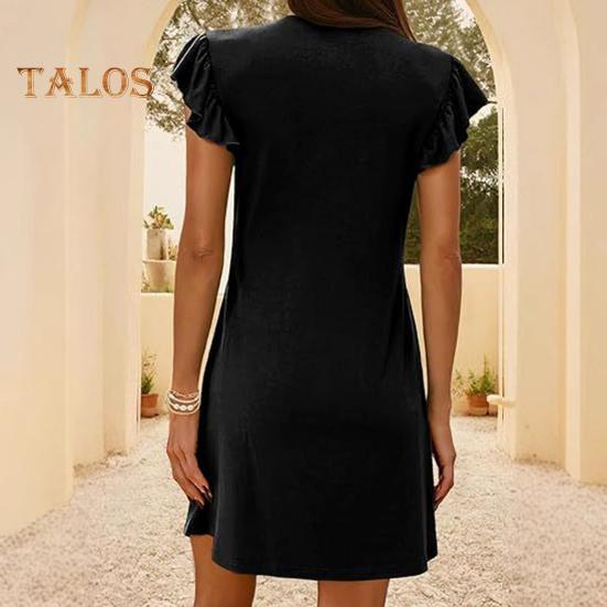 Ärmelloses Sommerkleid für Damen, Lotusblatt-Ärmel, tiefer V-Ausschnitt, Minikleid, lässiges Sommerkleid für den Strandurlaub