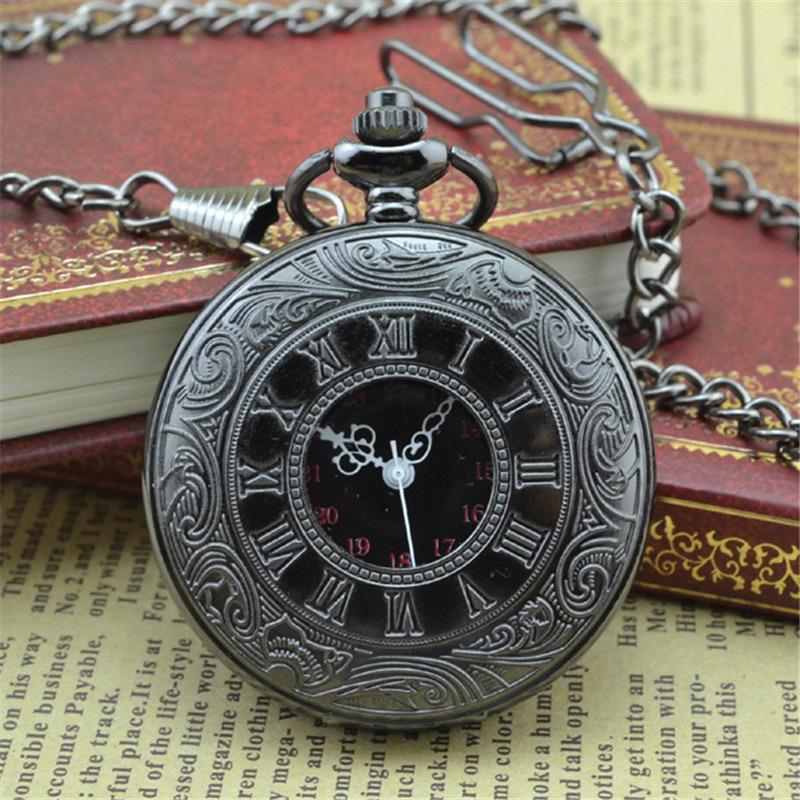 Large Black Decorative Romagna Double Display Pocket Watch Retro Necklace Men'S Alloy Pocket Watch