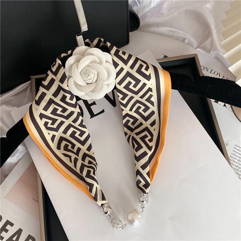 

Luxury Design Magnetic Pearl Buckle Silk Scarf For Women Summer Thin Neck Scarves Decorative Shirt Lady Fashion