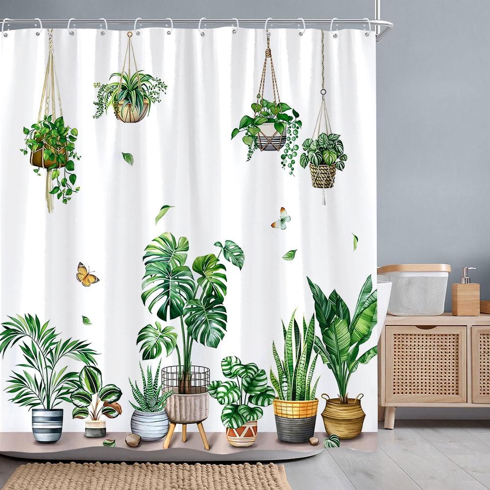 Tropical Botanical Flower Shower Curtain Beige Green Palm Leaf Flower Scandinavian Decor Bathroom Polyester Shower Curtains Set