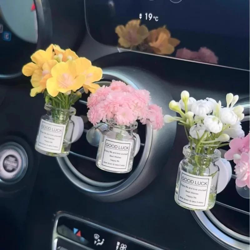 Car Center Console Air Outlet Simulated Flower Clips Ornaments Babysbreath Jasmine Glass Vase Ornaments For Girls Decorations