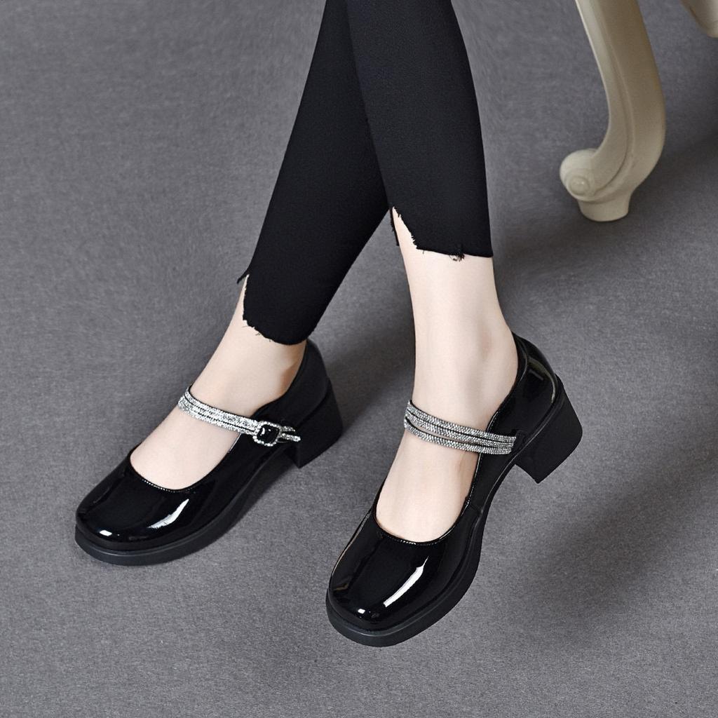 Round head one-word buckle small leather shoes women's 2025 British college style thick heel rhinestone Mary Jane shoes cowhide women's high heels