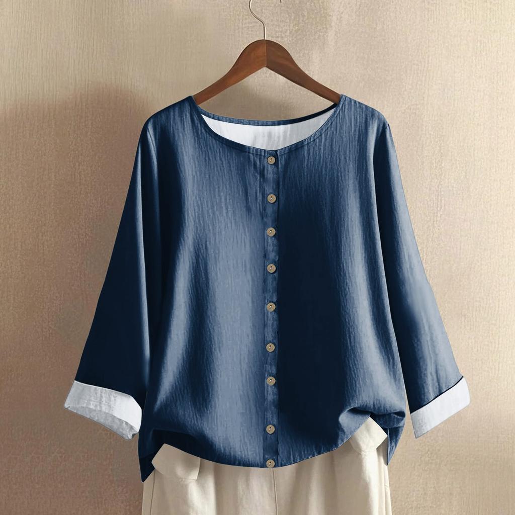 Women's Casual Long-sleeved Round Neck Solid Color Cotton And Linen Top