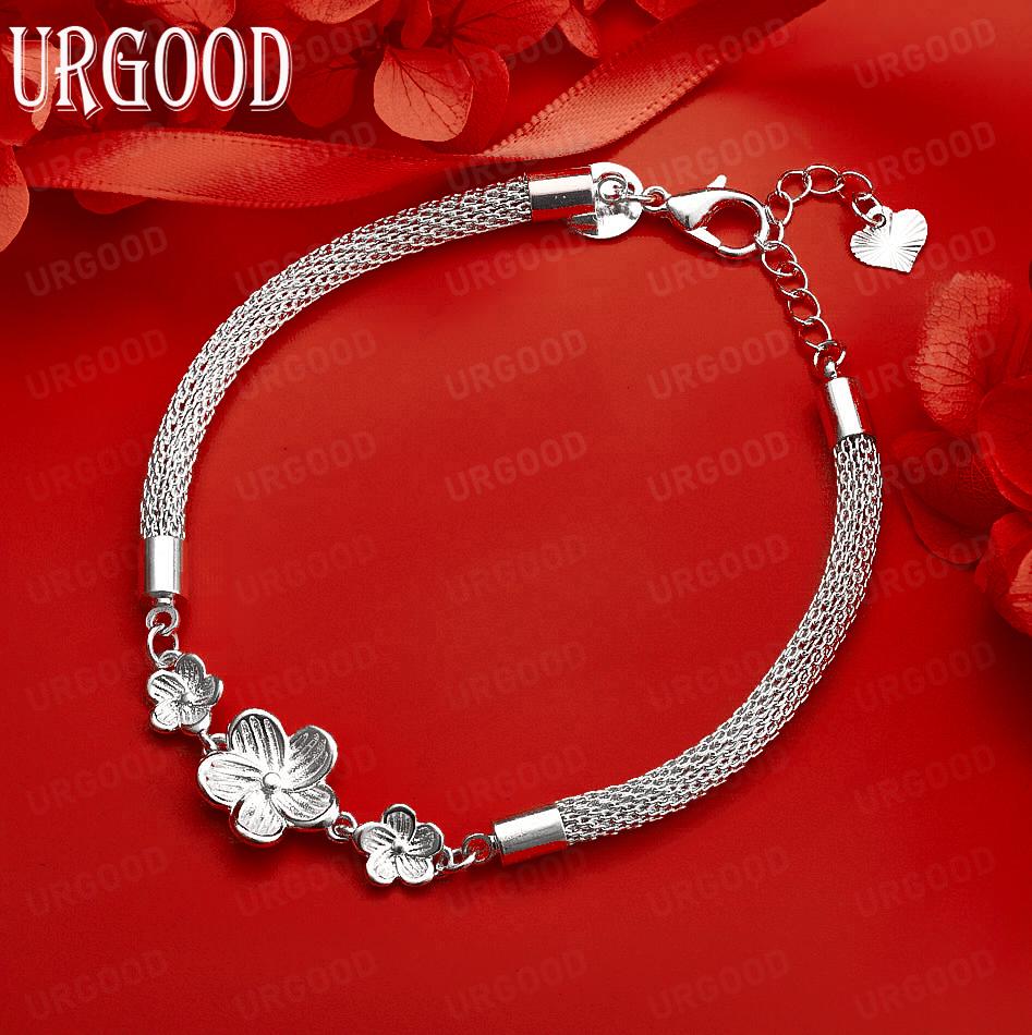 925 Sterling Silver Flower and Snake Chain Bracelet Wedding Jewelry 20CM
