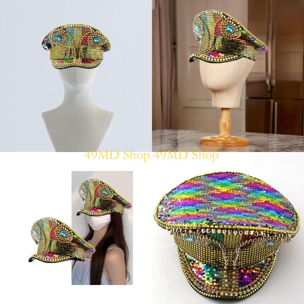 49MD Rainbow Studded Captain Hat Jewel Rivet Navies Hat Adjustable Fashion Hat CN