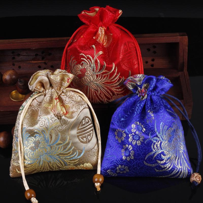 Red Brocade Jewelry Drawstring Gift Bag - 11x14 cm