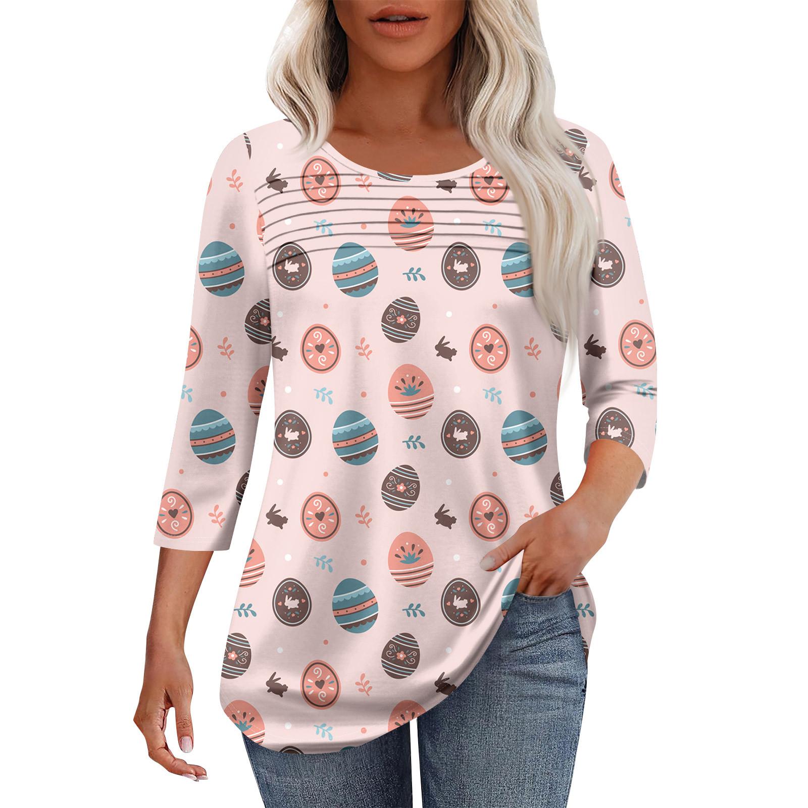 

Женская мода круглый вырез шея плиссированная передняя планка с принтом рукав 3/4 топ XXL розовый