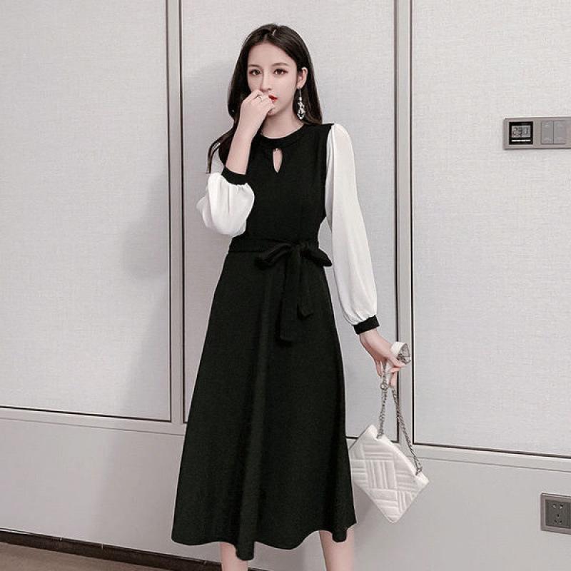 French 2025 Elegant Slimming Waist-Cinched Long-Sleeved Dress for Spring and Autumn in Korean Style.