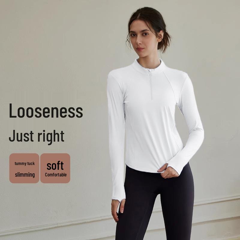 Women's Reflective Long Sleeve Yoga T-shirt - Night Run Fitness Top with Half-Zip Style for Autumn Running and Training