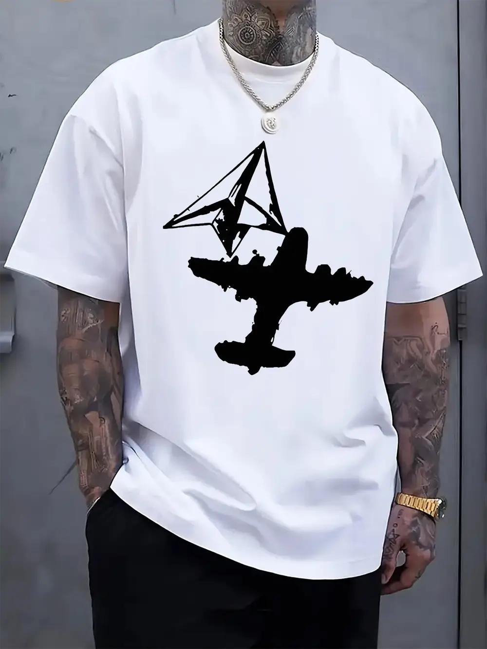 Casual Crew Neck Short Sleeve T-shirt with Stylish Airplane & Kite Graphic Print - Light Gray XXXL