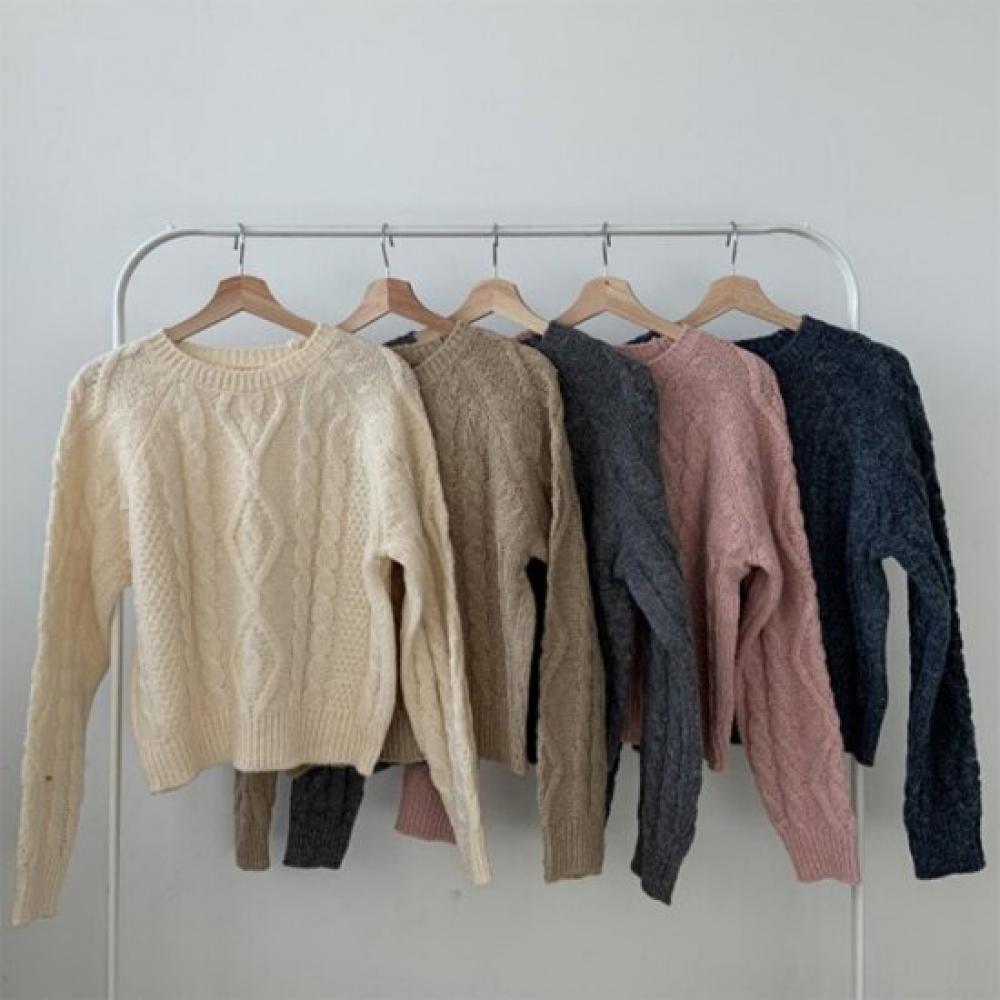 New Arrivals Open Run Pink KniT Round Neck Basic FiT Fisher Cable T shirT
