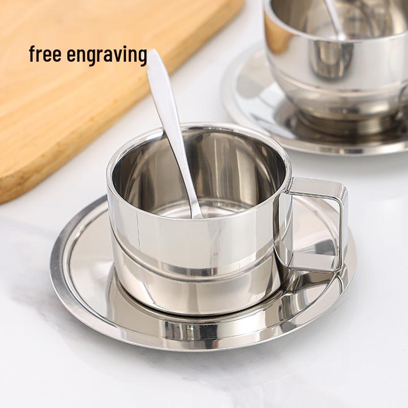 304 Stainless Steel Coffee Set: Double-Wall Insulated European-Style Cup, Saucer, Spoon, Anti-Scald, Custom Logo Option