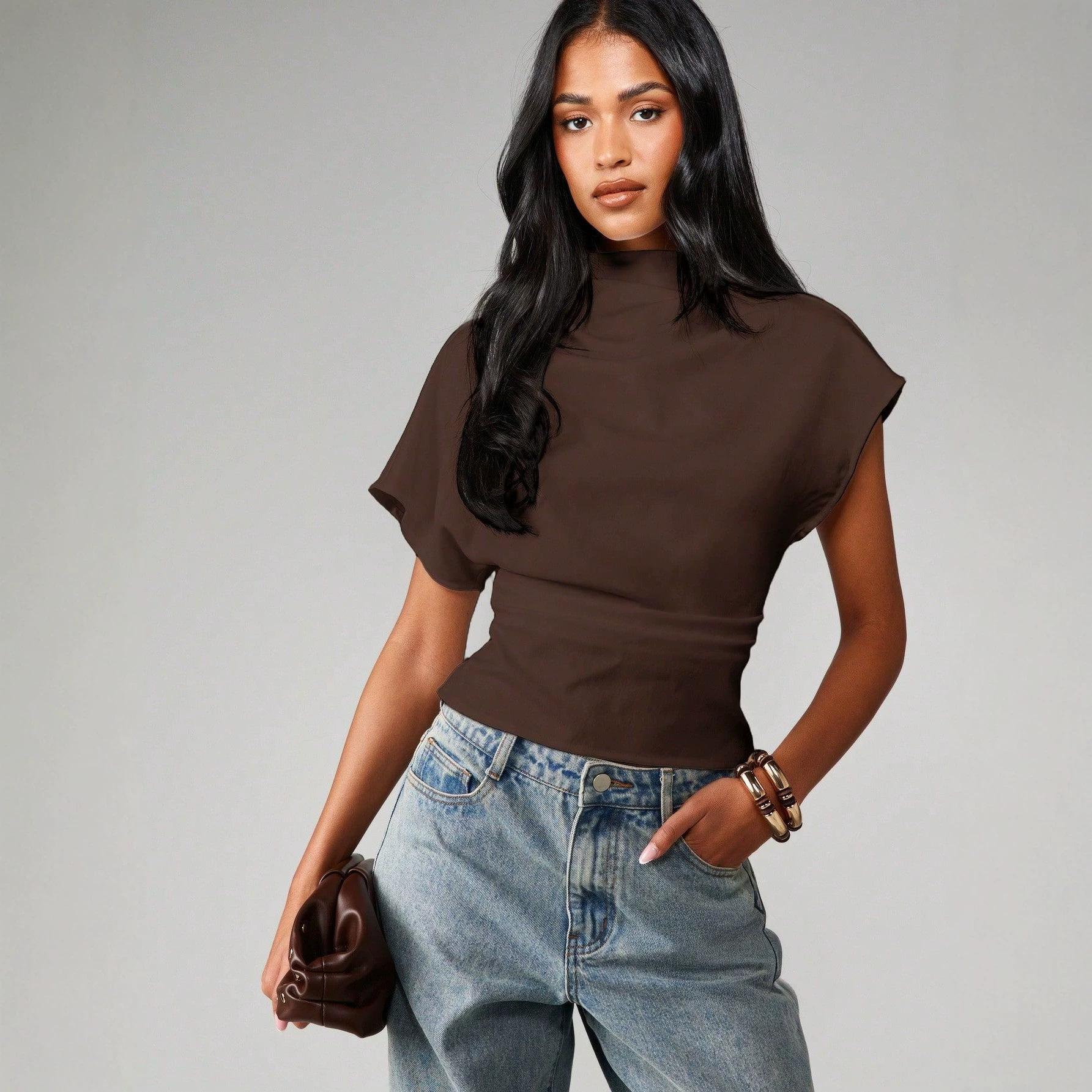 Temperament turtleneck asymmetrical short-sleeved top women s waist folds advanced sense slim and thin commuting versatile basic model XS чёрный