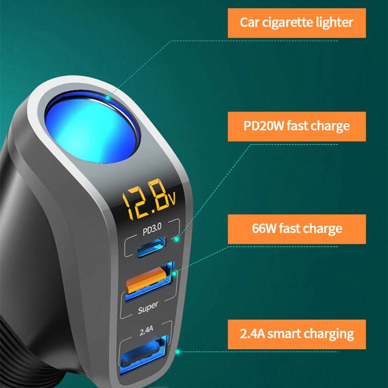 188W Car Charger QC3.0 PD20W Fast Charging 3-Port USB Adapter for iPhone/Samsung 12V/24V Cigarette Lighter Socket Quick Charge